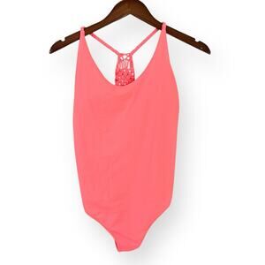 Aerie One Piece Crochet Back Swimsuit Womens Size M Coral Pink Braided Straps